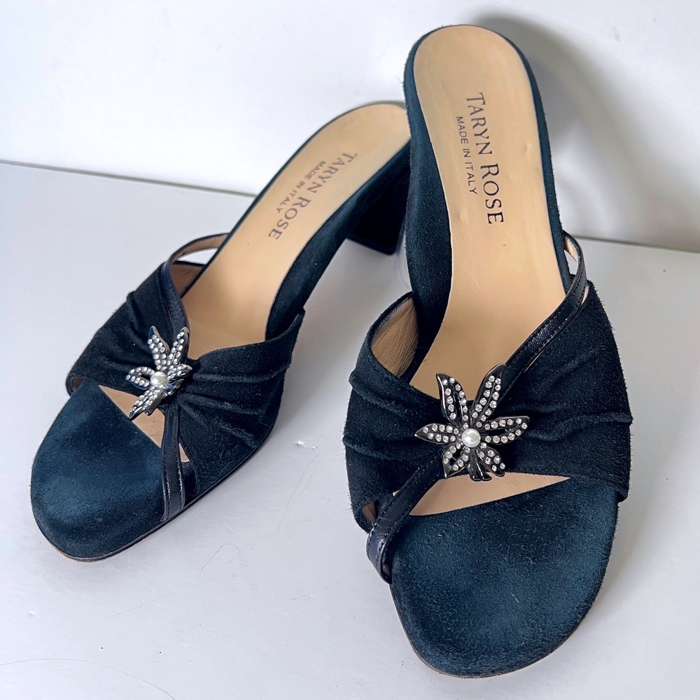 Taryn Rose Black Suede Crystal‎ Flower Mule Sandals Made in Italy Size 39